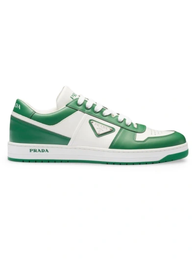 Prada Men's Downtown Leather Sneakers In White Green