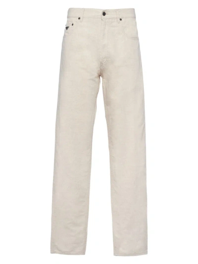 Prada Chambray Mid-rise Straight-leg Trousers In Beige