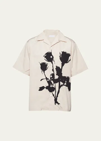 Prada Men's Floral-print Bowling Shirt In Sabbia Nero