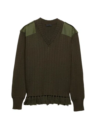 Prada Men's Fringed Wool Sweater In Green