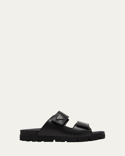 PRADA MEN'S FUSSBETT LEATHER DUAL-GRIP SLIDE SANDALS