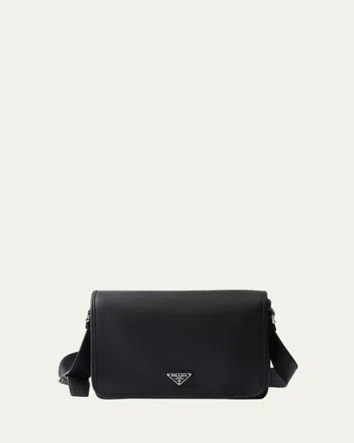 Prada Men's Grained Leather Flap Crossbody Bag