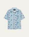 Prada Satin Shirt With Printed Design And Pocket In Blue