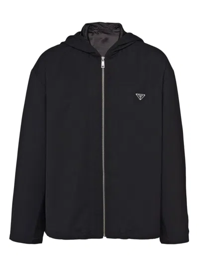 Prada Renylon Reversible Hooded Jacket Elastic Cuffs In Black