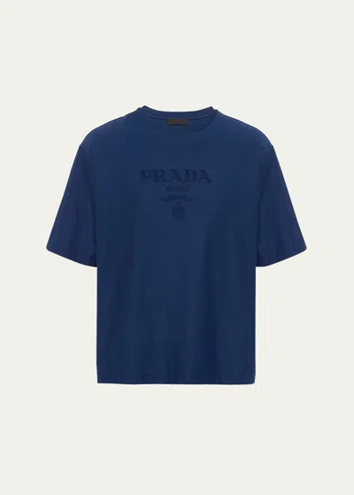 Prada Brand-embossed Oversized-fit Cotton-jersey T-shirt In Blue