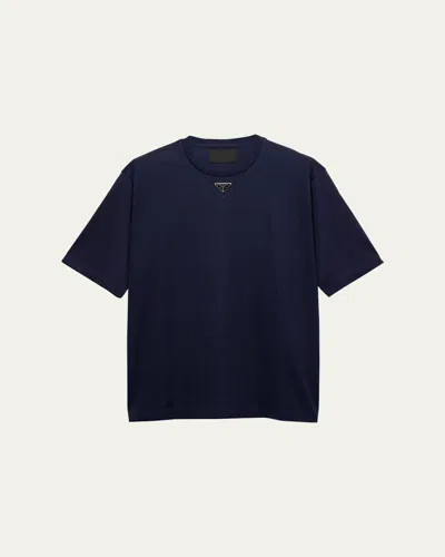 Prada Men's Jersey Triangle Logo T-shirt In Bleu