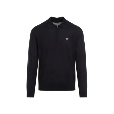 Prada Men's Knitted Wool Polo Shirt In Blue