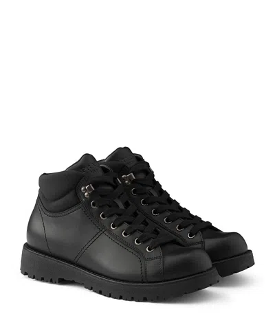 Prada Men's Lace-up Leather And Re-nylon Booties In Black