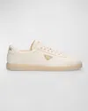 Prada Mens White Triangle-plaque Vintage-effect Leather Low-top Trainers In Ivory