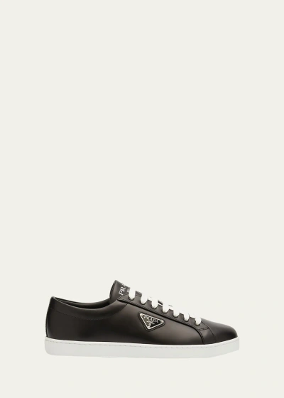 Prada Men's Lane Spazzolato Leather Sneakers In Black