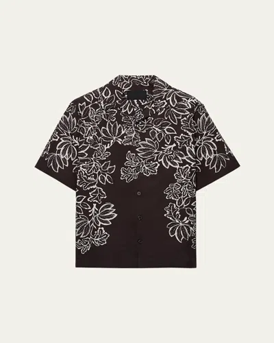 PRADA MEN'S LEAF-PRINT BOWLING SHIRT