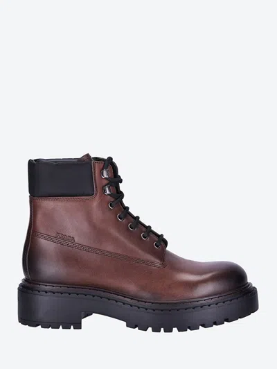 Prada Men Leather And Re-nylon Work Boots In Brown