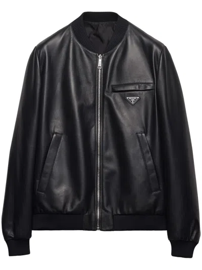 Prada Men's Leather Bomber Jacket In Nero