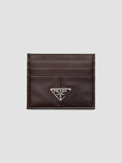 Prada Men's Leather Card Holder In Brown