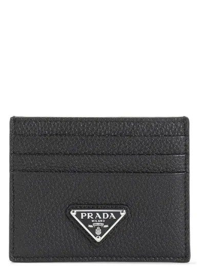 Prada Men's Leather Card Holder With Logo Triangle In Black