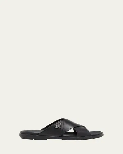 PRADA MEN'S LEATHER CRISSCROSS SLIDE SANDALS