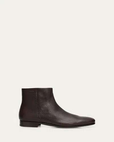 Prada Men's Leather Embossed-logo Zipped Ankle Boots In Brown