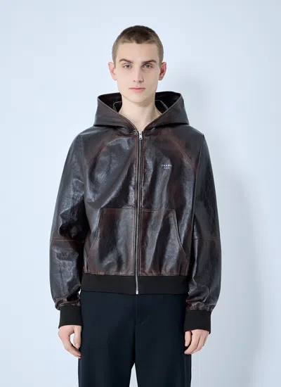 Prada Men Leather Hooded Jacket In Brown