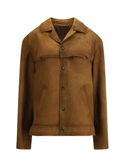 Prada Men Leather Jacket In Brown