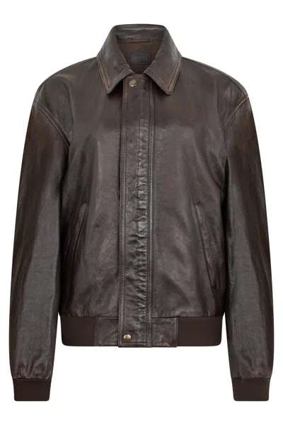 Prada Men's Leather Jacket With Front Zip And Classic Collar In Brown