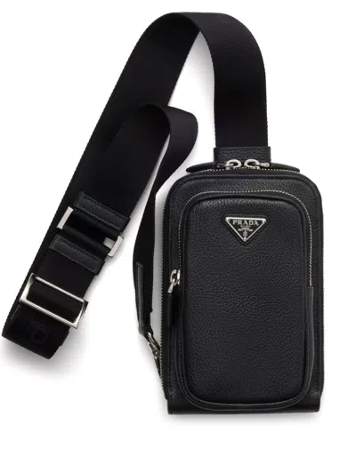 Prada Men Leather Phone Pouch In Black