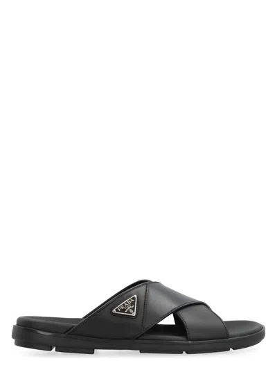PRADA MEN'S LEATHER SLIDES WITH LOGO