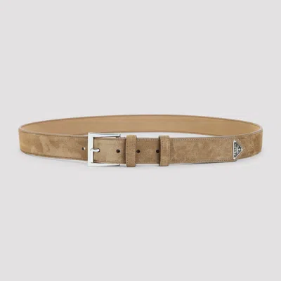 Prada Men's Leather Suede Calf Belt (3.5cm) In Nude & Neutrals