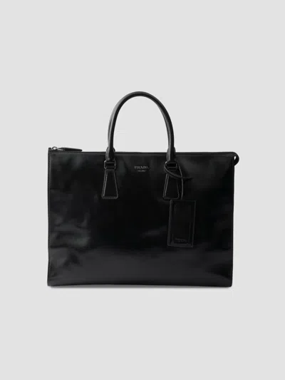 Prada Men's Leather Tote Bag In Black