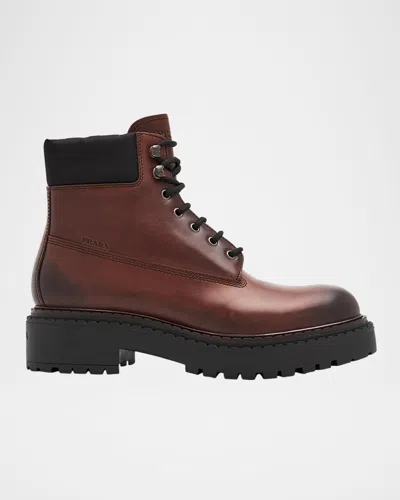 Prada Brown Calf Leather Boots With Modern Accents