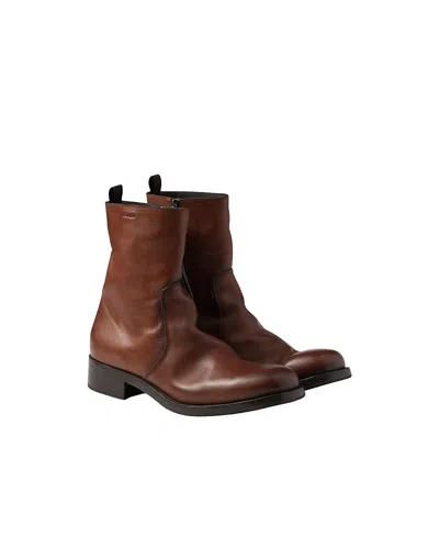 Prada Men's Leather Zipper Boots In Brown
