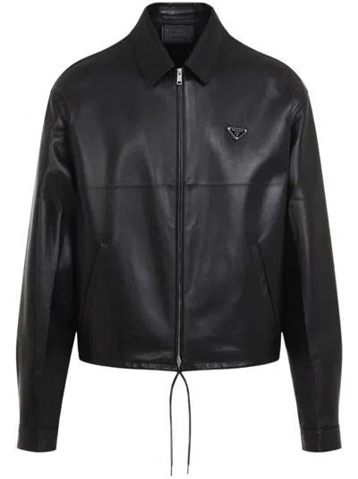 Prada Men Leather Zipper Jacket In Black