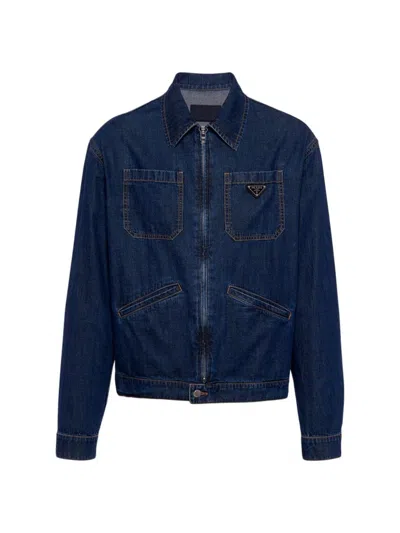 Prada Brand-plaque Regular-fit Washed-denim Jacket In Blue