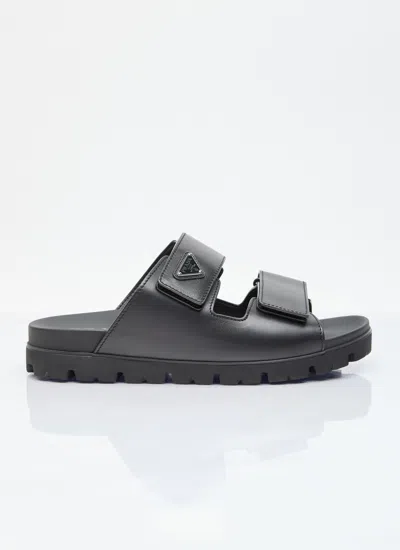 Prada Men Logo Plaque Leather Slides In Black