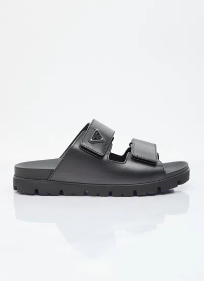 Prada Men Logo Plaque Leather Slides In Black