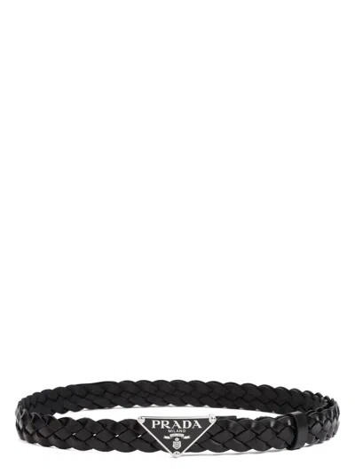 PRADA MEN'S LOGO WOVEN LEATHER BELT