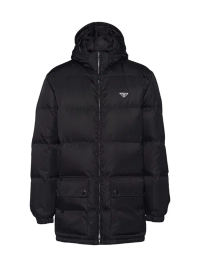 Prada Long Re-nylon Down Jacket In Black