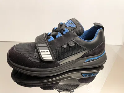 Pre-owned Prada Men's Luxury Mechano Black - Blue Leather/suede Sneakers, 2eg266, Sizes