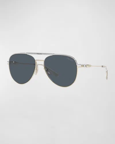 Prada Men's Metal Double Bridge Pilot Sunglasses In Dark Grey