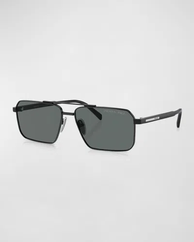 Prada Men's Metal Plaque Sunglasses In Black