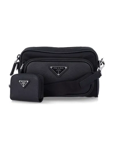 Prada Men's Mini Nylon And Leather Shoulder Bag With Detachable Pouch In Black