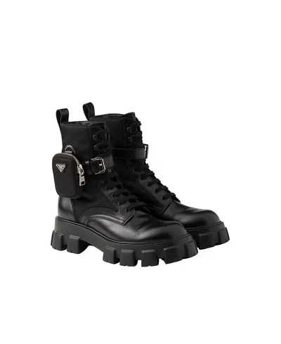 PRADA MEN'S MONOLITH BRUSHED LEATHER AND RE-NYLON BOOTS WITH POUCH