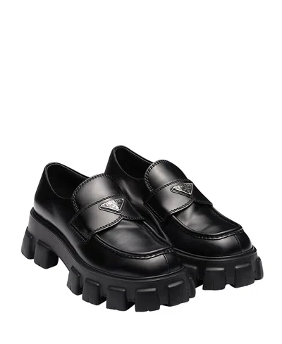 PRADA MEN'S MONOLITH BRUSHED LEATHER LOAFERS