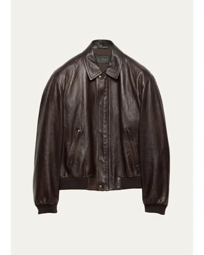 Prada Men's Napa Leather Full-zip Jacket In Gray