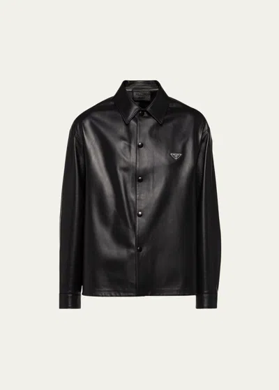 PRADA MEN'S NAPA LEATHER SNAP-FRONT SHIRT