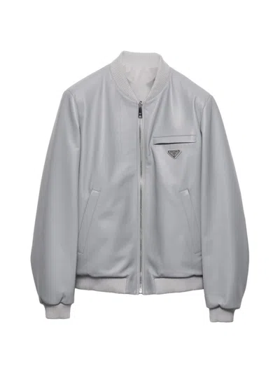 Prada Men's Nappa Leather Bomber Jacket In Gray