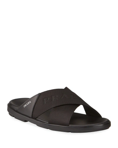 Prada Men's Nastro Web Logo Slide Sandals In Black