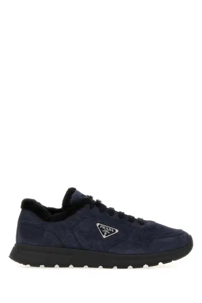 Prada Prax Winter Fur-lined Low-top Sneakers In Blue