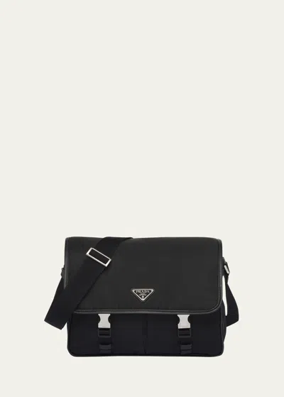 Prada Men's Nylon And Leather Crossbody Bag In F0002 Nero