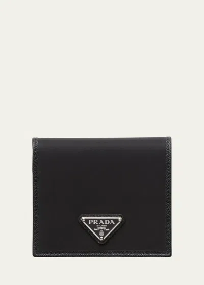 Prada Men's Nylon And Saffiano Bifold Wallet In F0002 Nero