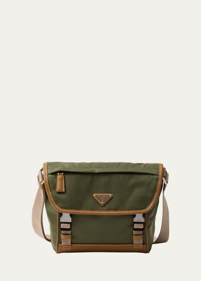 Prada Men's Nylon Leather-trim Messenger Bag In F03uq Militarecar